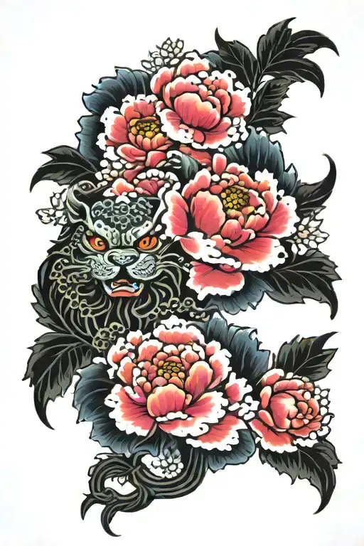 japanese foo dog peony flowers tattoo design idea