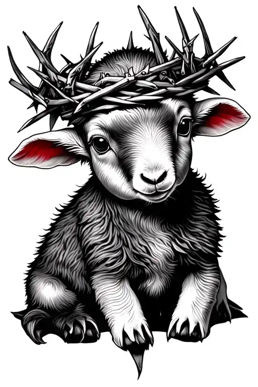 A Detailed Blackwork Tattoo Of A Baby Lamb Wearing A Crown Of Thorns Tattoo tattoo design idea