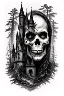 fractured skull faded into vampire womans face morphing, infront of gothic aged castle adorned by dark pine woods tattoo design idea