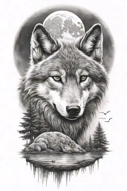 wolf cub, river, moon, adult wolf transition tattoo design idea