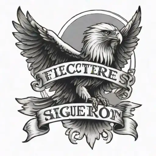 A tattoo design of a fierce eagle clutching a banner with the Latin phrase 'flectere si nequeo supros acheronta movebo' in its talons tattoo design idea