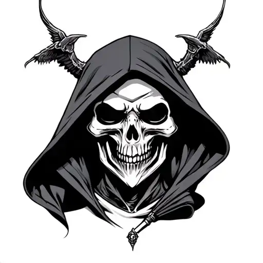 grim reaper head wearing a Louis vutton hood/ elaborate/ shading tattoo design idea