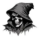 grim reaper head wearing a Louis vutton hood/ elaborate/ shading tattoo design idea