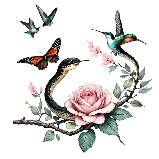 2 snakes wrapped around an olive branch, magnolia flower, and rose with monarch butterflies and hummingbirds  tattoo design idea