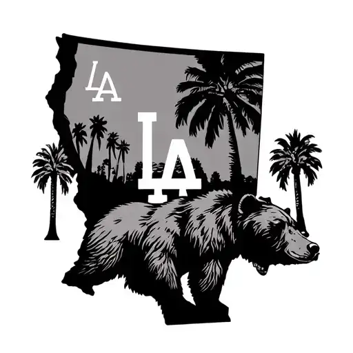 state of California with grizzly bear at the bottom, LA Dodgers logo in the middle and palm trees in the back tattoo design idea