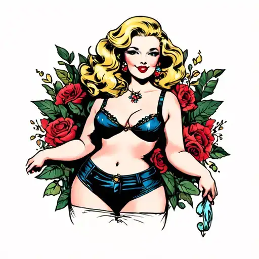 tasteful tattoo in simple american traditional style of a full body blonde chubby plus sized pin-up girl tattoo design idea
