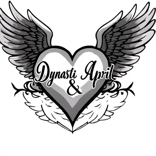 "Dynasti & April" names inside a heart with wings flying tattoo design idea