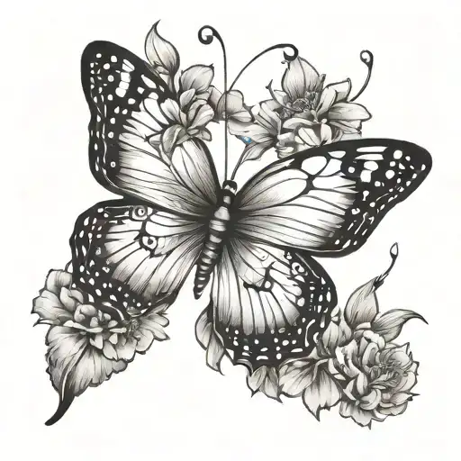 Butterfly tattoo, one wing of the butterfly is just an outline, and the second is in the form of a breeze of bush flowers tattoo design idea