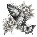 Butterfly tattoo, one wing of the butterfly is just an outline, and the second is in the form of a breeze of bush flowers tattoo design idea