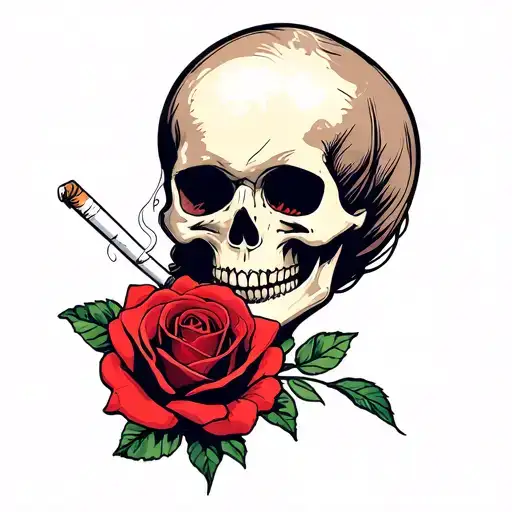 female half skull smoking cigarette with rose intertwined tattoo design idea