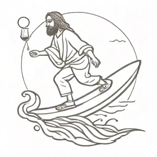 Jesus Christ standing on a surfboard floating on the waves holding a glass of wine in his right hand wearing dark glasses and fashionable sneakers tattoo design idea