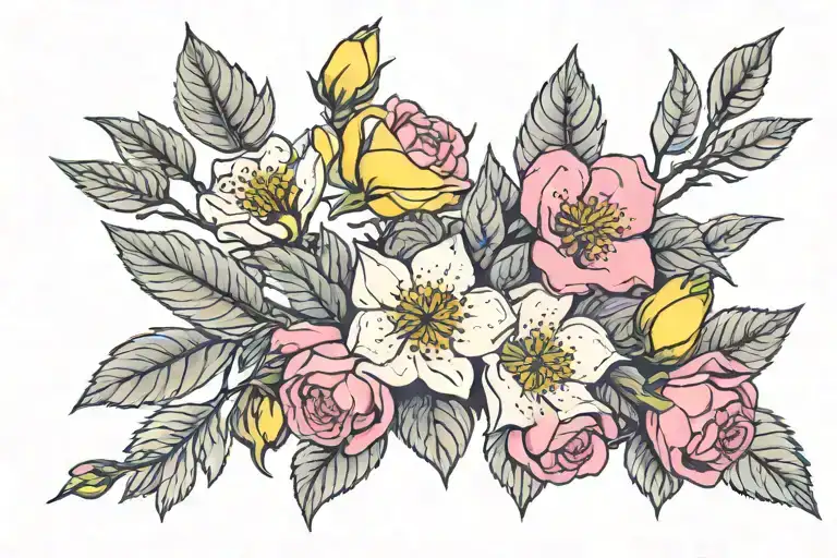 A tattoo design of flowers growing from a thorn branch. A mixture of pink Briar roses and yellow Ochna integerrima.  tattoo design idea