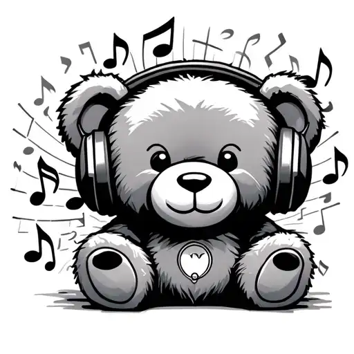 teddy bear with headphones surrounded by musical notes tattoo design idea