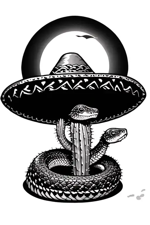 Cactus Sombrero Rattlesnake Moonlight tattoo design idea
