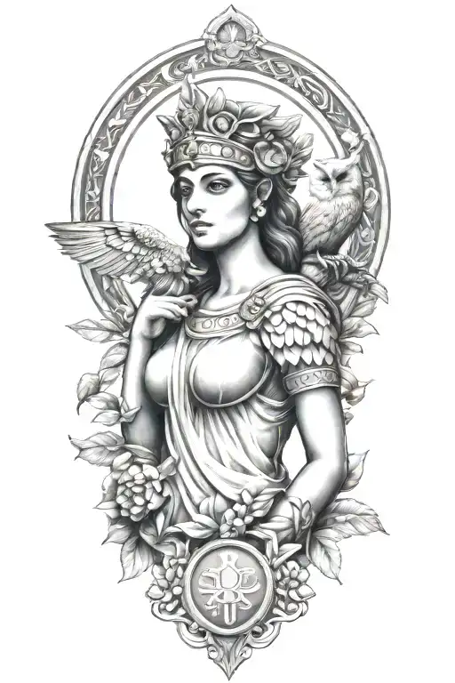 athena greek goddess with owl and parthenon and olive branch tattoo design idea