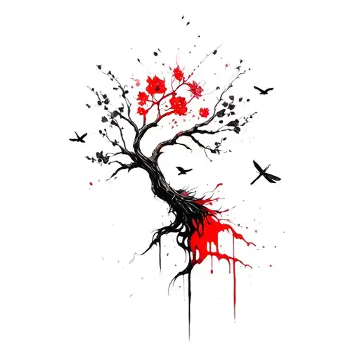 attractive warrior woman tree intertwined branches with flowers, small birds and dragonflies  tattoo design idea