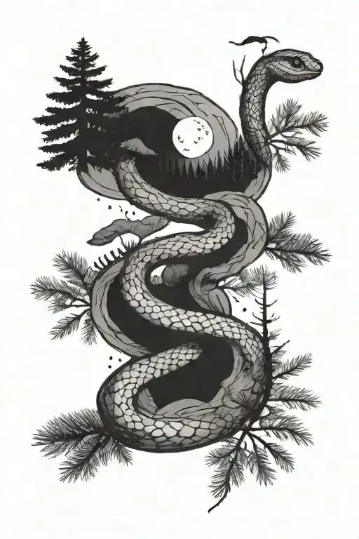 snake, pine tree or forest, moon phases, paw print hidden - only that nothing else  tattoo design idea