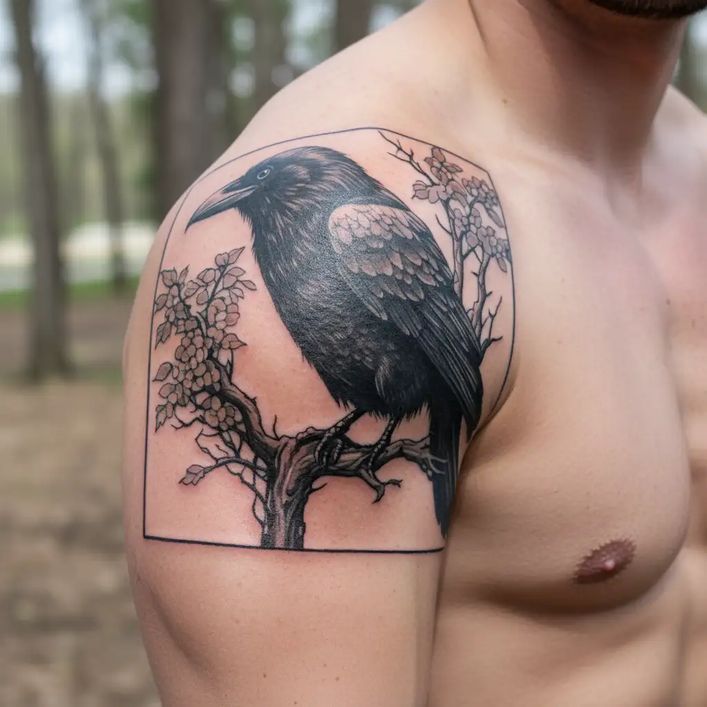 black raven on a branch in the background, a Slavic symbol tattoo design idea