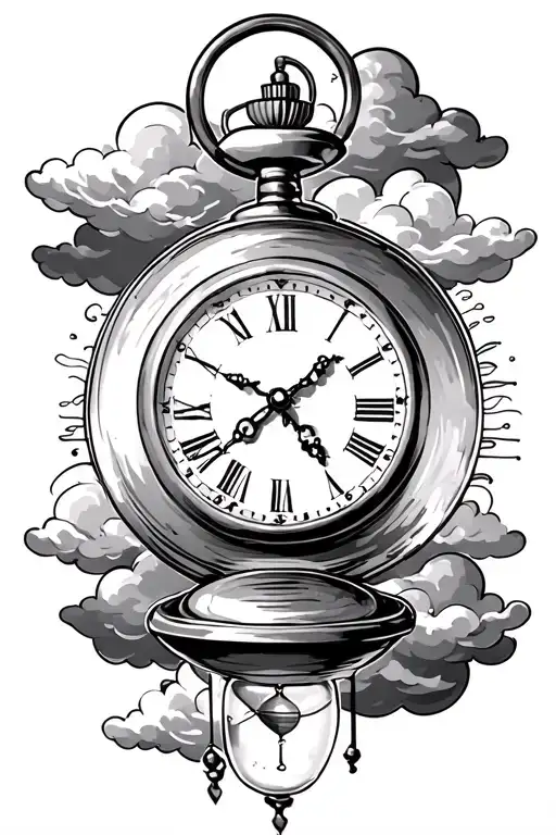 3 tattoos in 1 with a pocket watch, small hourglass, clouds and shading tattoo design idea