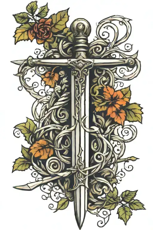 biblical sword with vine and branches wrapped around it, i want there to be minimal colour in the vine.  tattoo design idea