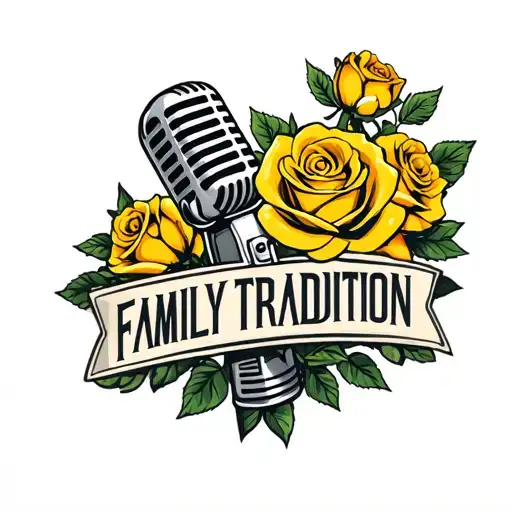 yellow roses and old school microphone and the words family tradition weathered in traditional style tattoo design idea