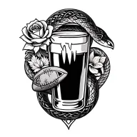 Celtic tattoo featuring a biting snake entwined around a pint glass. include a rose, thistle, daffodil and rugby ball tattoo design idea