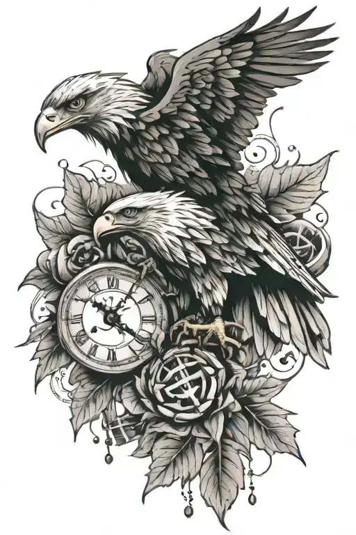 An Eagle is the main piece, eye, clock, skull, chess piece, jack o lantern, with maple leaves falling, and a small nauti tattoo design idea