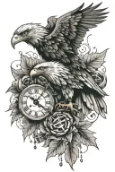 An Eagle is the main piece, eye, clock, skull, chess piece, jack o lantern, with maple leaves falling, and a small nauti tattoo design idea