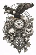 An Eagle is the main piece, eye, clock, skull, chess piece, jack o lantern, with maple leaves falling, and a small nauti tattoo design idea