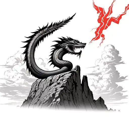 Quetzalcoatl the sky feather serpent, a guy on top of a mountain cliff looking up at Quetzalcoatl ,clouds,red lightning tattoo design idea