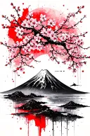 mount fuji surrounded by cherry blossom in moonlight tattoo design idea