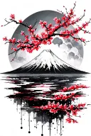 mount fuji surrounded by cherry blossom in moonlight tattoo design idea