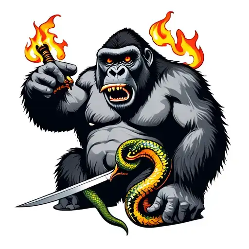 gorilla with flame eyes and a snake in mouth with a dagger piercing tattoo design idea