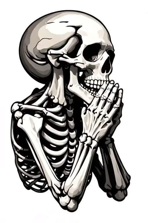 A simple realistic praying skeleton,  tattoo design idea