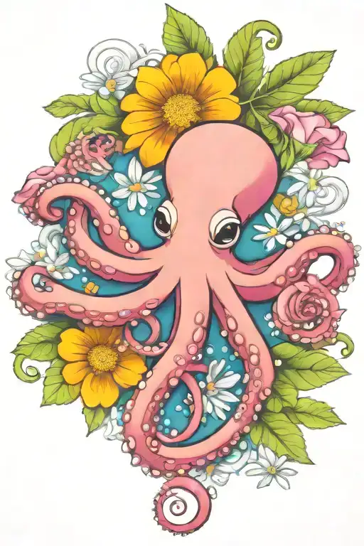 octopus, snowdrop, rose,  marigold flower tattoo design idea