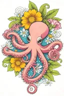 octopus, snowdrop, rose,  marigold flower tattoo design idea