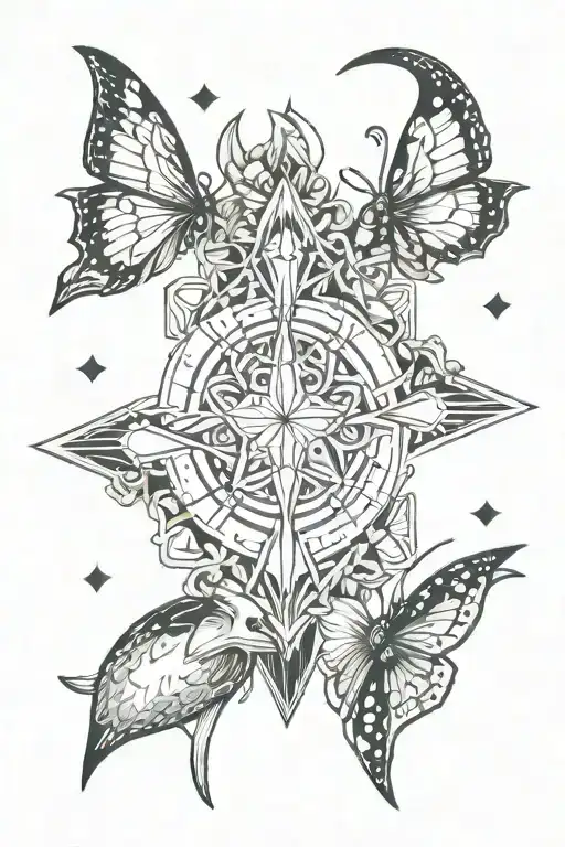 4 Angel sygils, 4 elements, rosary beads and cross, Sagittarius, Libra, lunar moth, and crown tattoo design idea