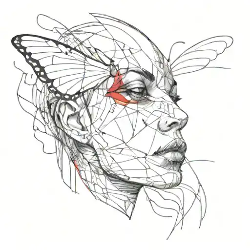 Black and white tattoo of a butterfly covering a persons face with red, abstract, smoky lines in red. tattoo design idea