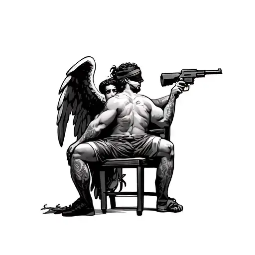 hostage man tied to a chair with his hands behind his back. and a blindfolded cupid angel with an uzi shooting him tattoo design idea