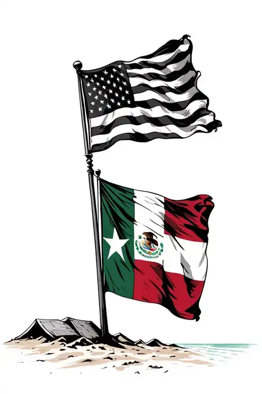 Coordinates with a flag pole on the beach with the American flag Italian and Texas flag tattoo design idea