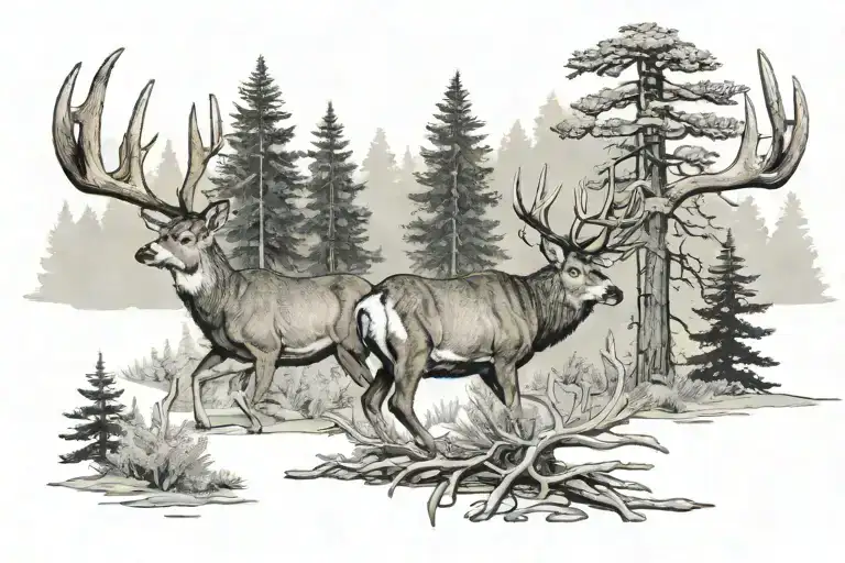 4 point mule deer antlers with realism 3 fir trees behind it tattoo design idea