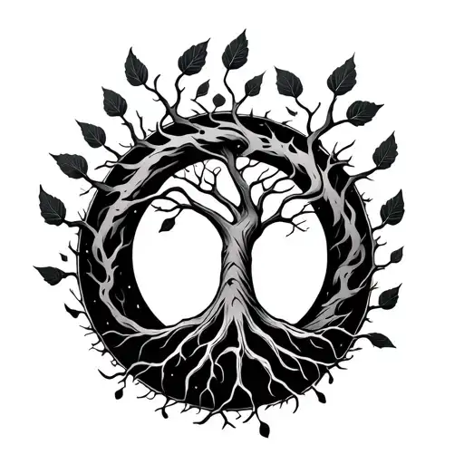 enso circle with 8 branch tree inside with 4 roots and 5 falling leaves tattoo design idea