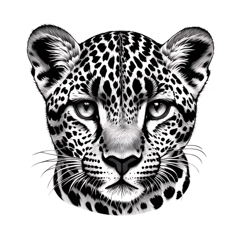 "Small realistic leopard cub tattoo design, very detailed and lifelike, in black and white, minimalistic and clean style tattoo design idea