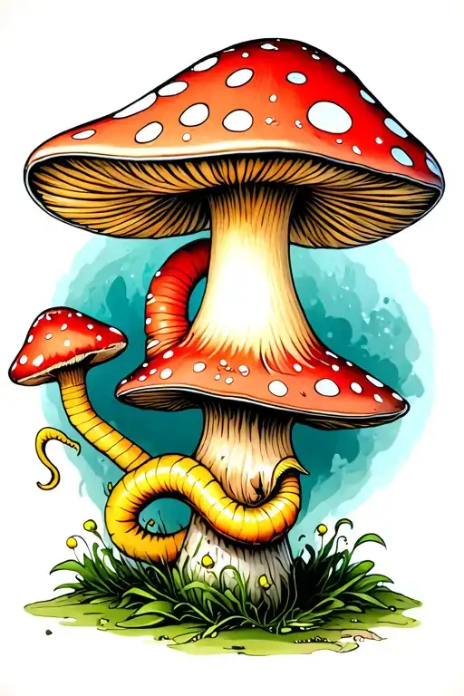 worm from alice in wonderland mushroomsitting on his mushroom tattoo design idea