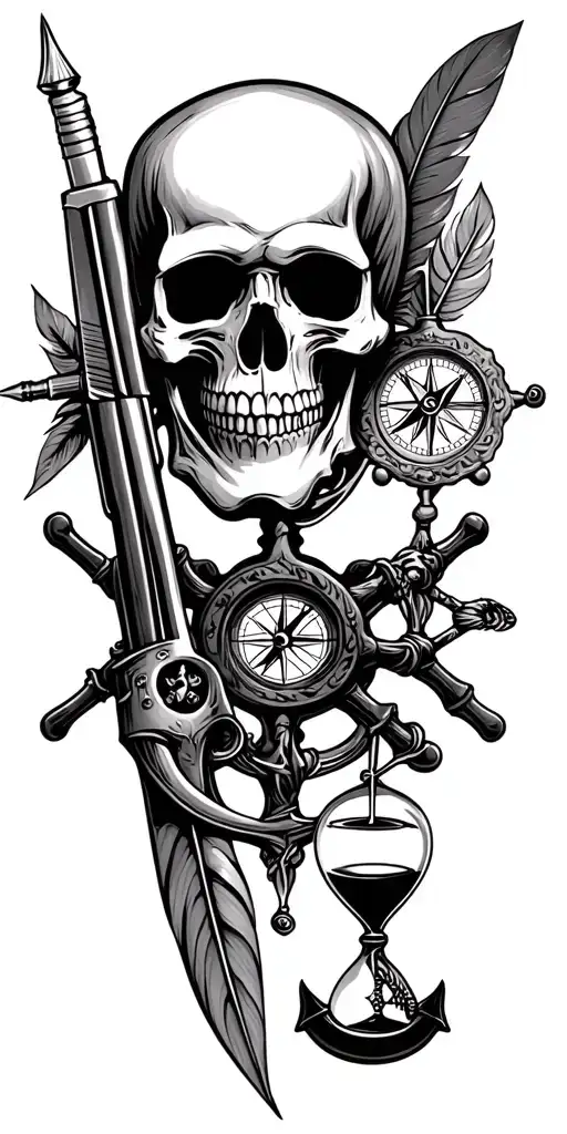 skulls, flintlock pistol, cutlass, quill pen, nautical compass, fouled anchor, ship's wheel, hourglass tattoo design idea