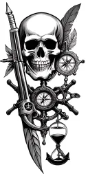 skulls, flintlock pistol, cutlass, quill pen, nautical compass, fouled anchor, ship's wheel, hourglass tattoo design idea