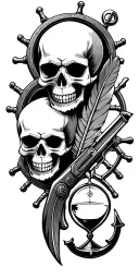 skulls, flintlock pistol, cutlass, quill pen, nautical compass, fouled anchor, ship's wheel, hourglass tattoo design idea