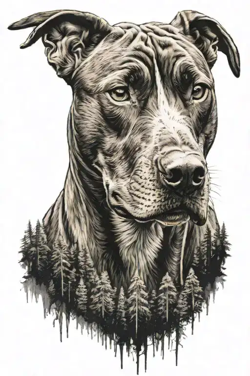 pitbull dog with background of the forest tattoo design idea