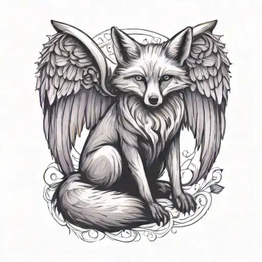 small fox sitting  with angel wings wrapped evenly with purple butterfly  tattoo design idea