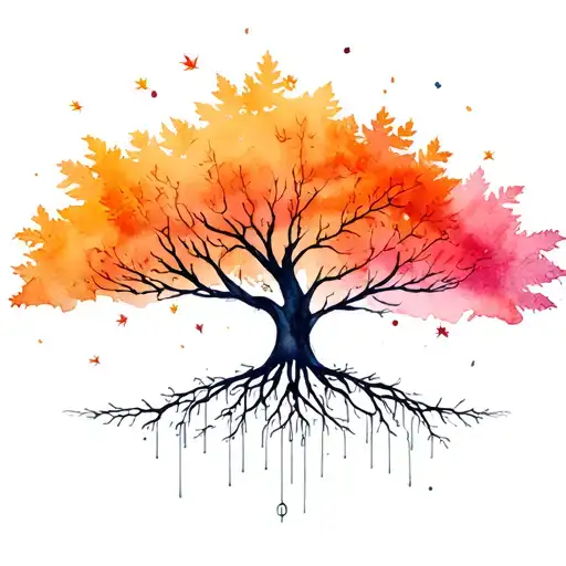 tree ekg line, falling leaves, roots forming tattoo design idea